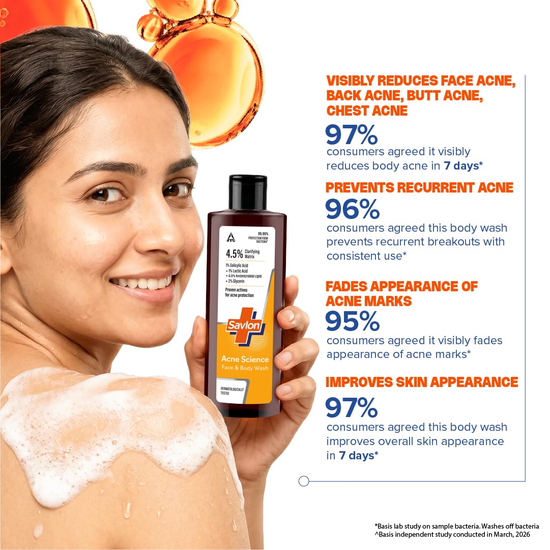 Savlon Acne Science Exfoliating Face & Body Acne Wash 250ml | Antibacterial Formula with 1% Salicylic Acid + 1% Lactic Acid | Helps Fight Acne-Causing Bacteria