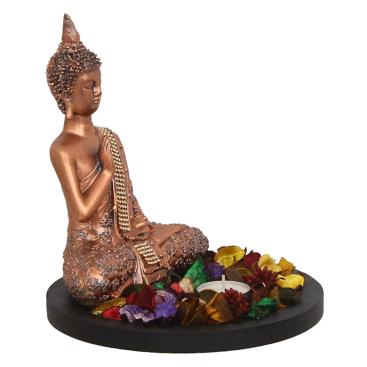 eCraftIndia Copper Finish Meditating Buddha Decorative Showpiece with Wooden Base, Fragranced Petals and Tealight MSGB531W1