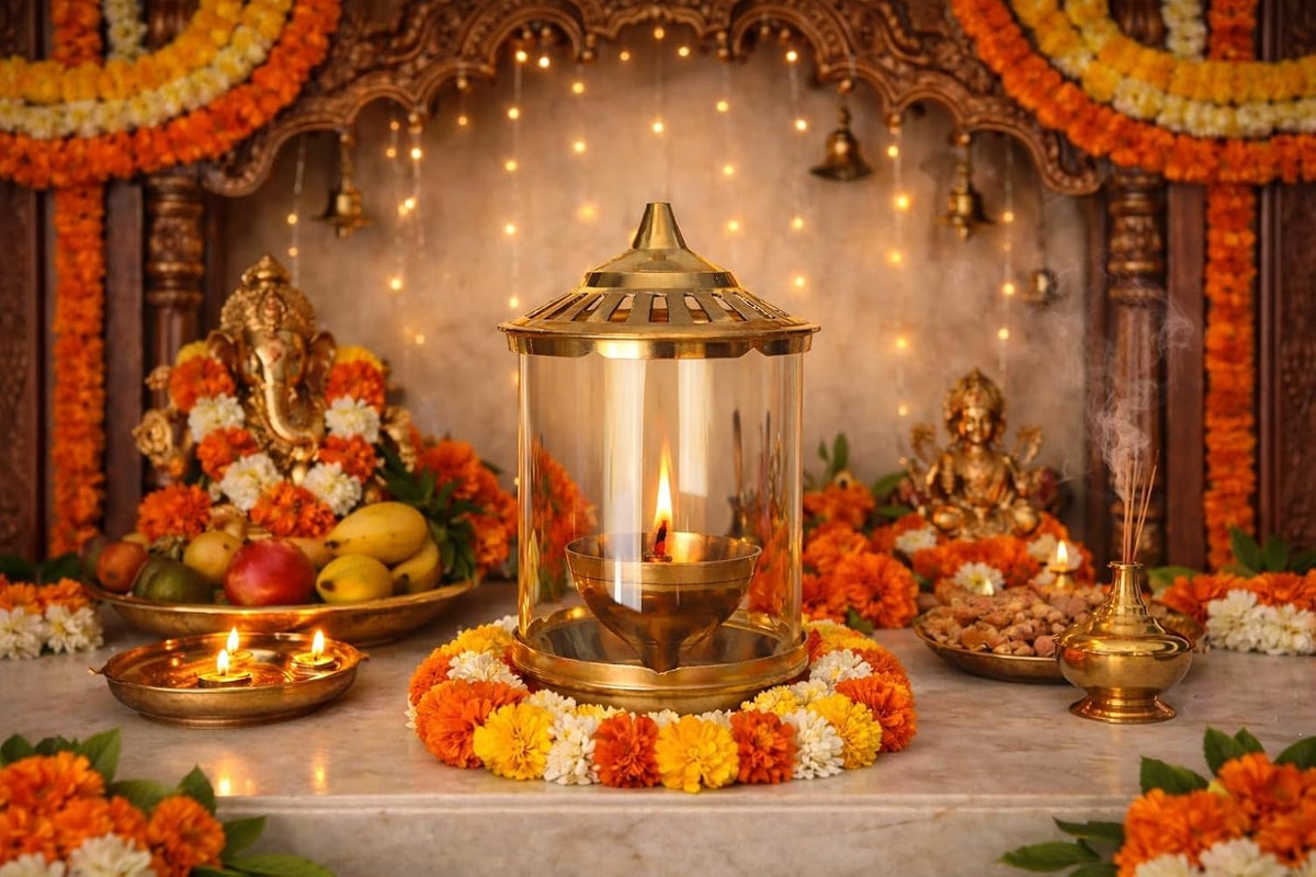 Klassic Kumbha 8 Inch Large Akhand Diya with Borosilicate Glass Shade, Wick Holder & Brass Lid | Premium Brass Oil Lamp for Mandir, Pooja, Diwali | Wind-Protect