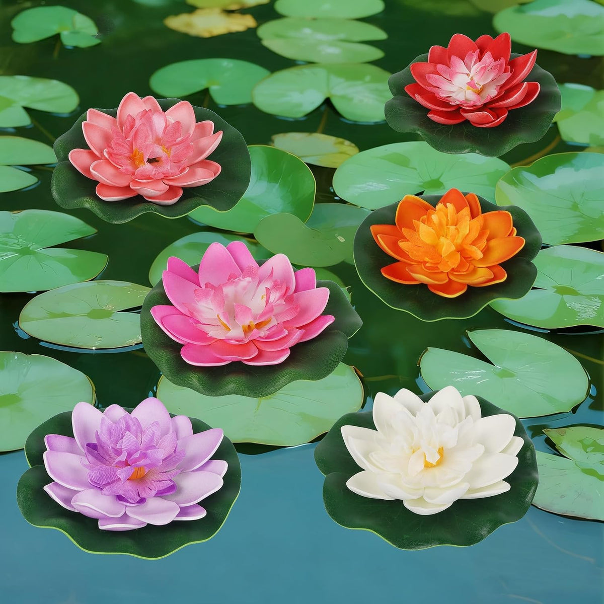 Artificial Floating Lotus Flowers with Water Lily Pads, 12 Pack Lifelike Foam Water Flowers for Pond, Fountain, Aquarium, Pool, Home Garden & Outdoor Water Feat