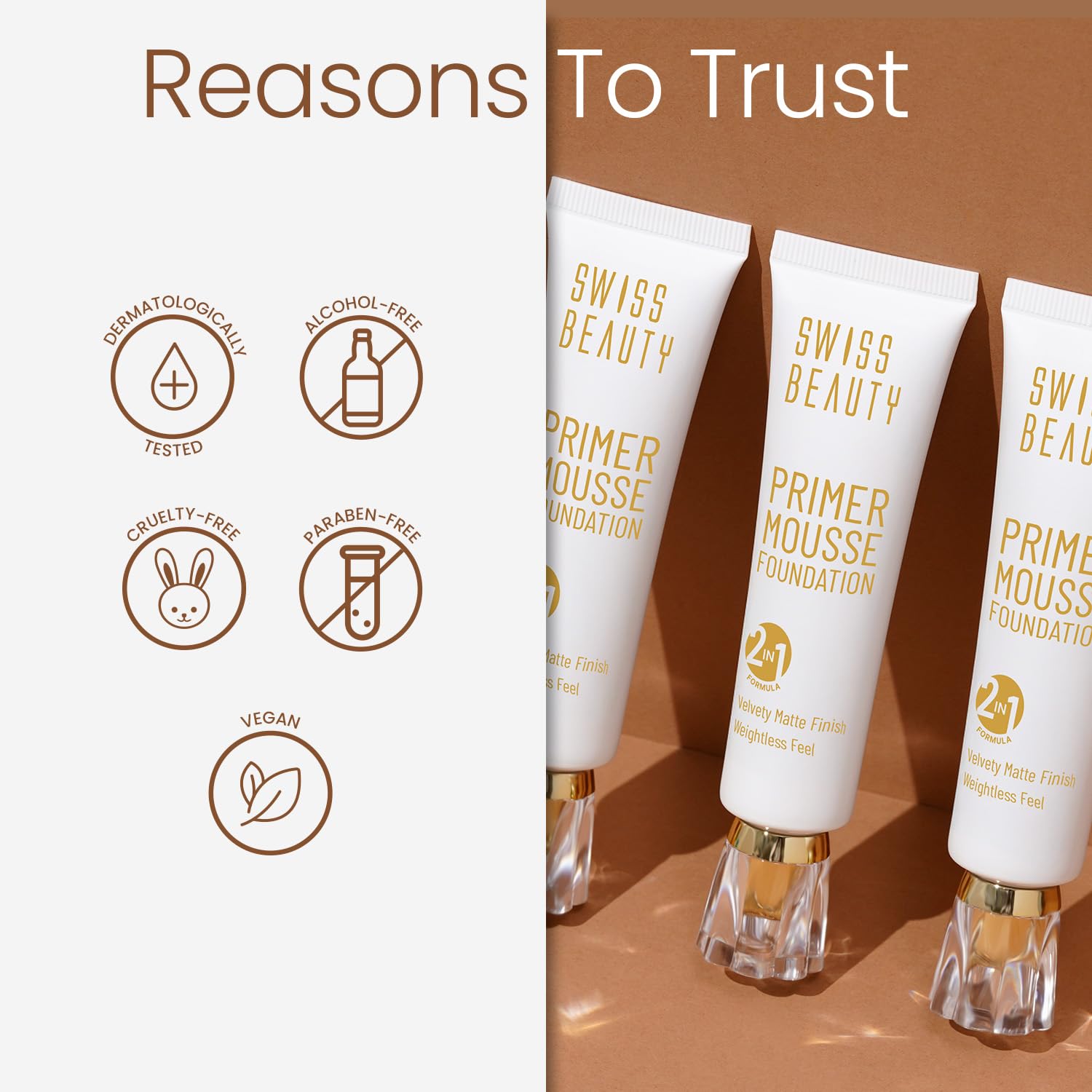 Swiss Beauty Primer Mousse Foundation Weightless Smooth & Velvet Touch, Matte Finish, Face Makeup, Caramel Roast, 30ml