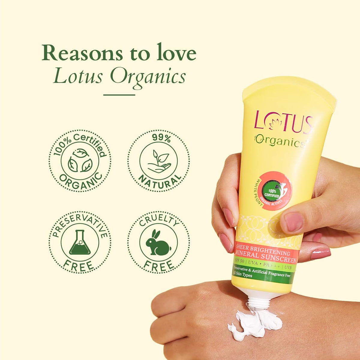 Lotus Organics+ Sheer Brightening Mineral Sunscreen | Non Greasy & Lightweight | SPF 50 | PA+++ | 100% Certified Organic White Peony | Fights Tanning & Pigmenta