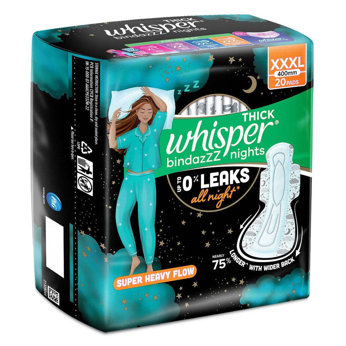 Whisper bindazzz Nights Pads For Women, XXX-Large Pack of 20 pads Scent: unscented XXXL 20
