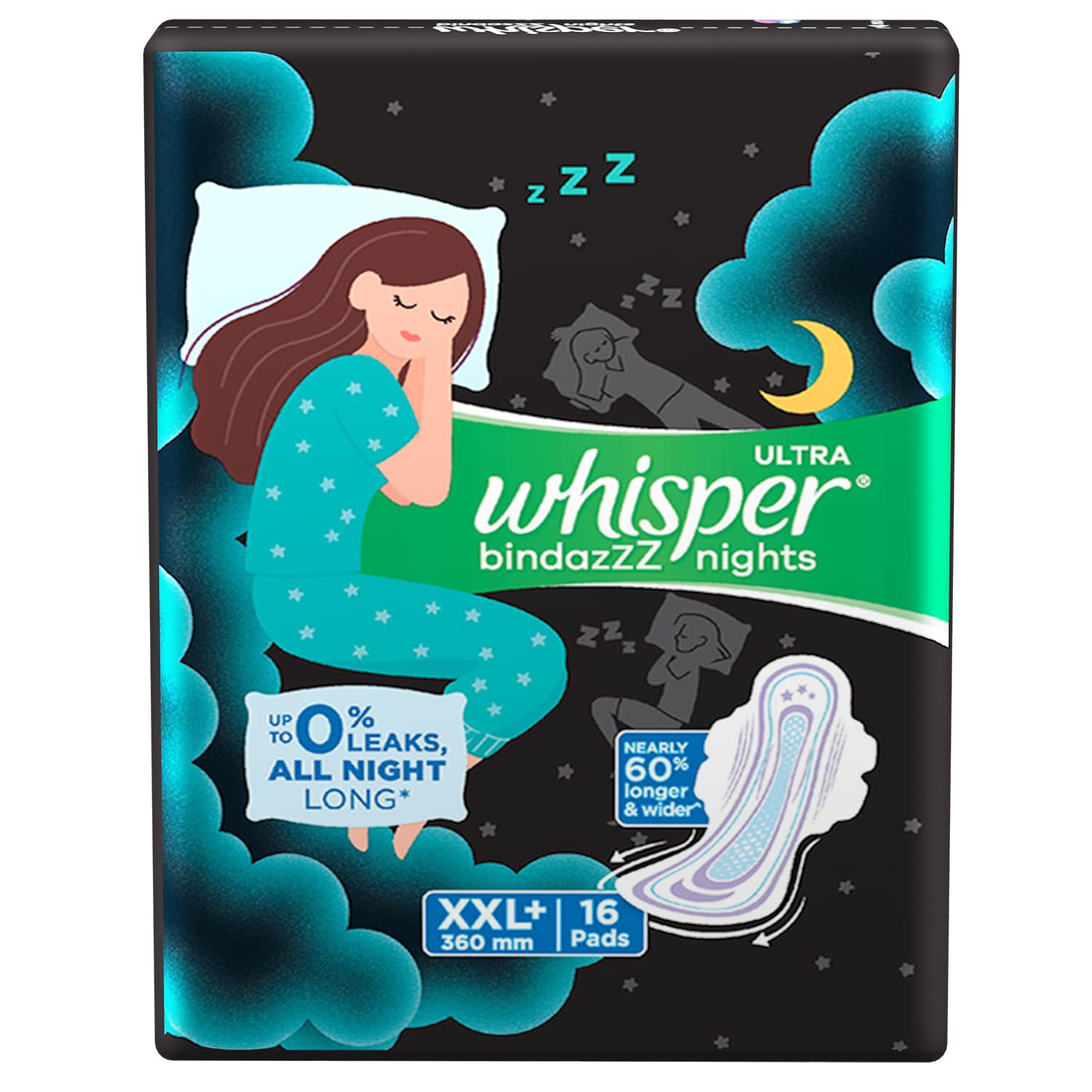Whisper - Ultra Night Sanitary Pads for Women, XXL+, 16 Pads - Napkins