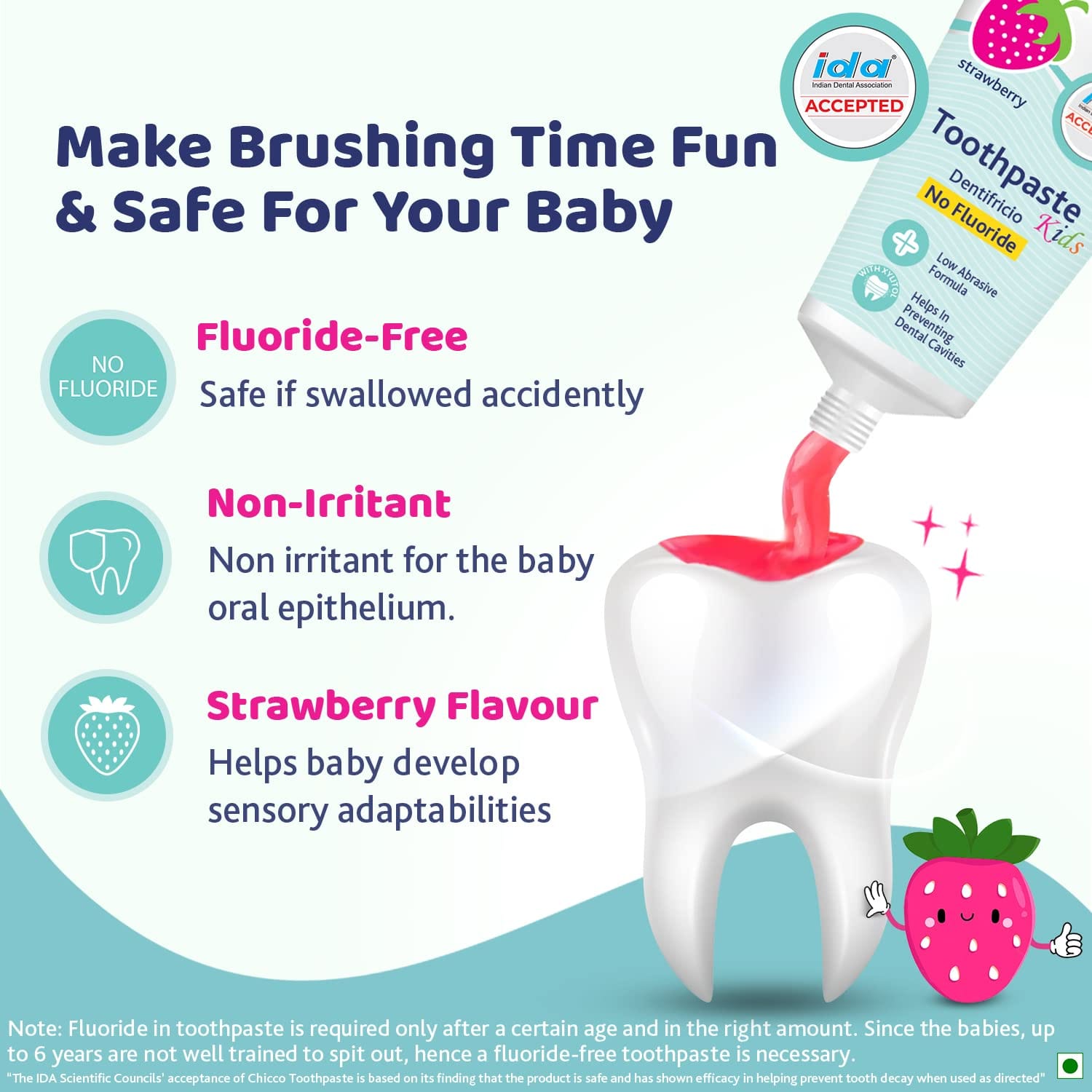 Chicco - Toothpaste, Strawberry Flavour for 12mn to 6yr Baby, Fluoride-Free (50g)