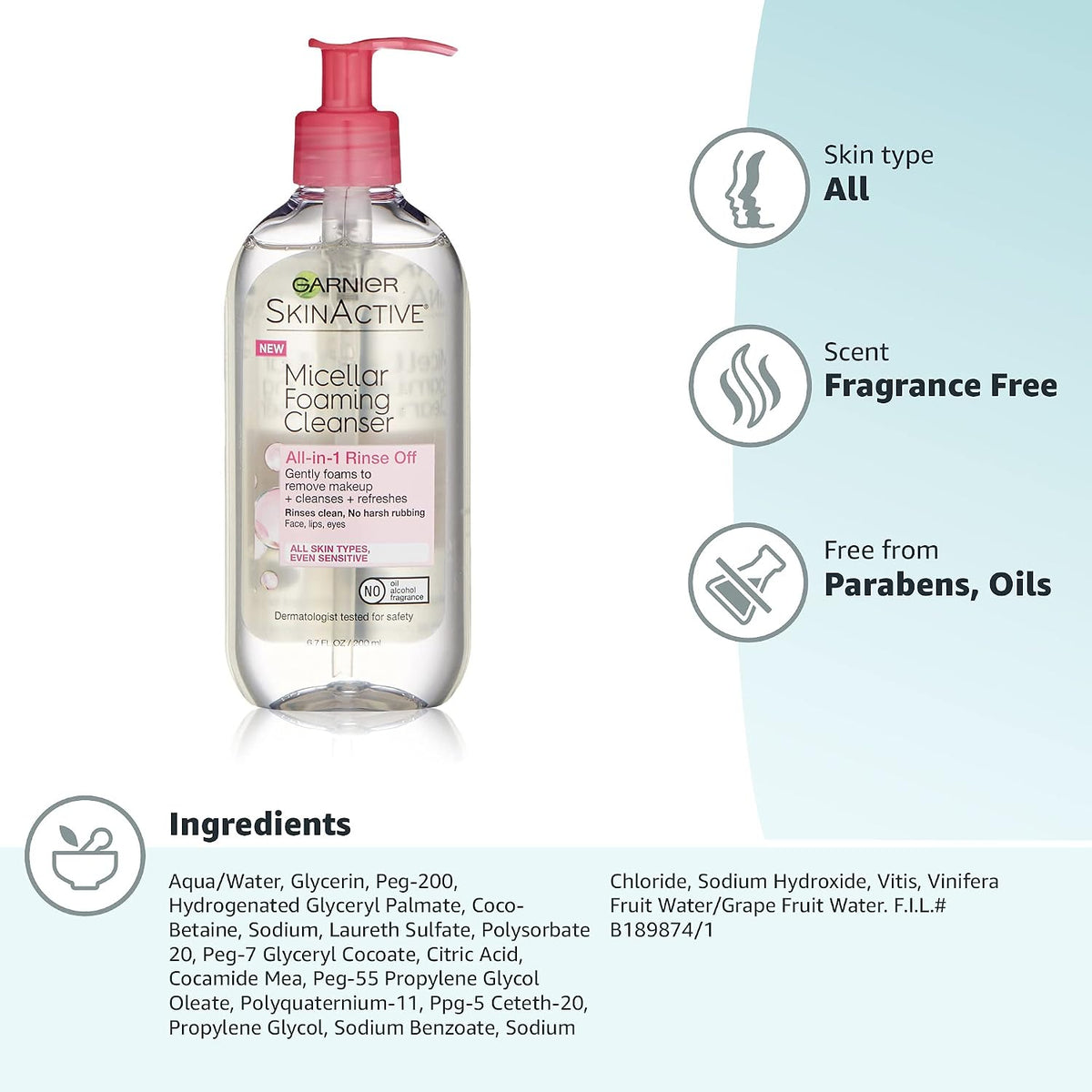 Garnier SkinActive Micellar Foaming Face Wash, 6.7 fl. oz.