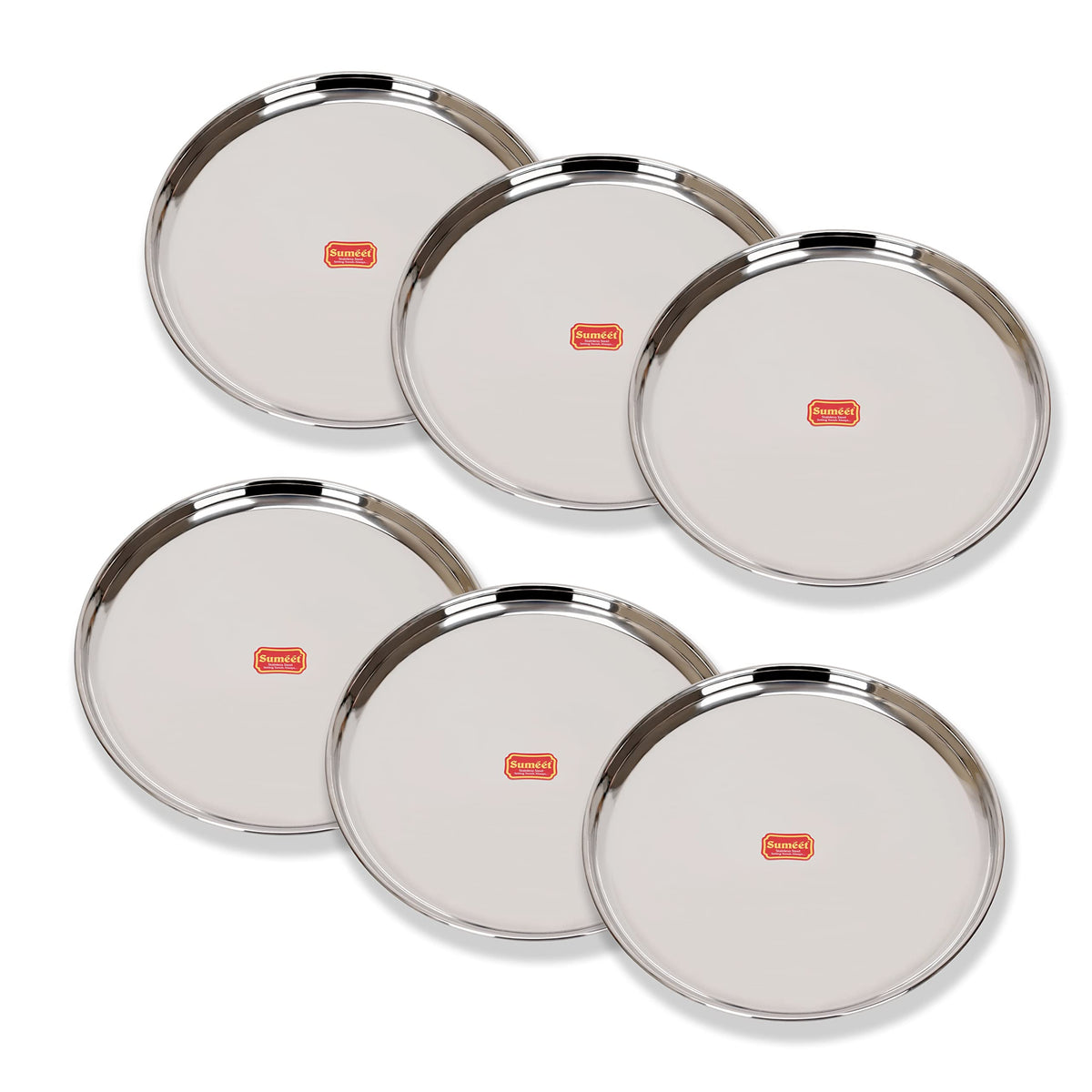 Sumeet Stainless-Steel Heavy Gauge Dinner Plates with Mirror Finish-32.3cm Dia, Set of 6pc, Silver 32.3cm 6 Pcs - Silver
