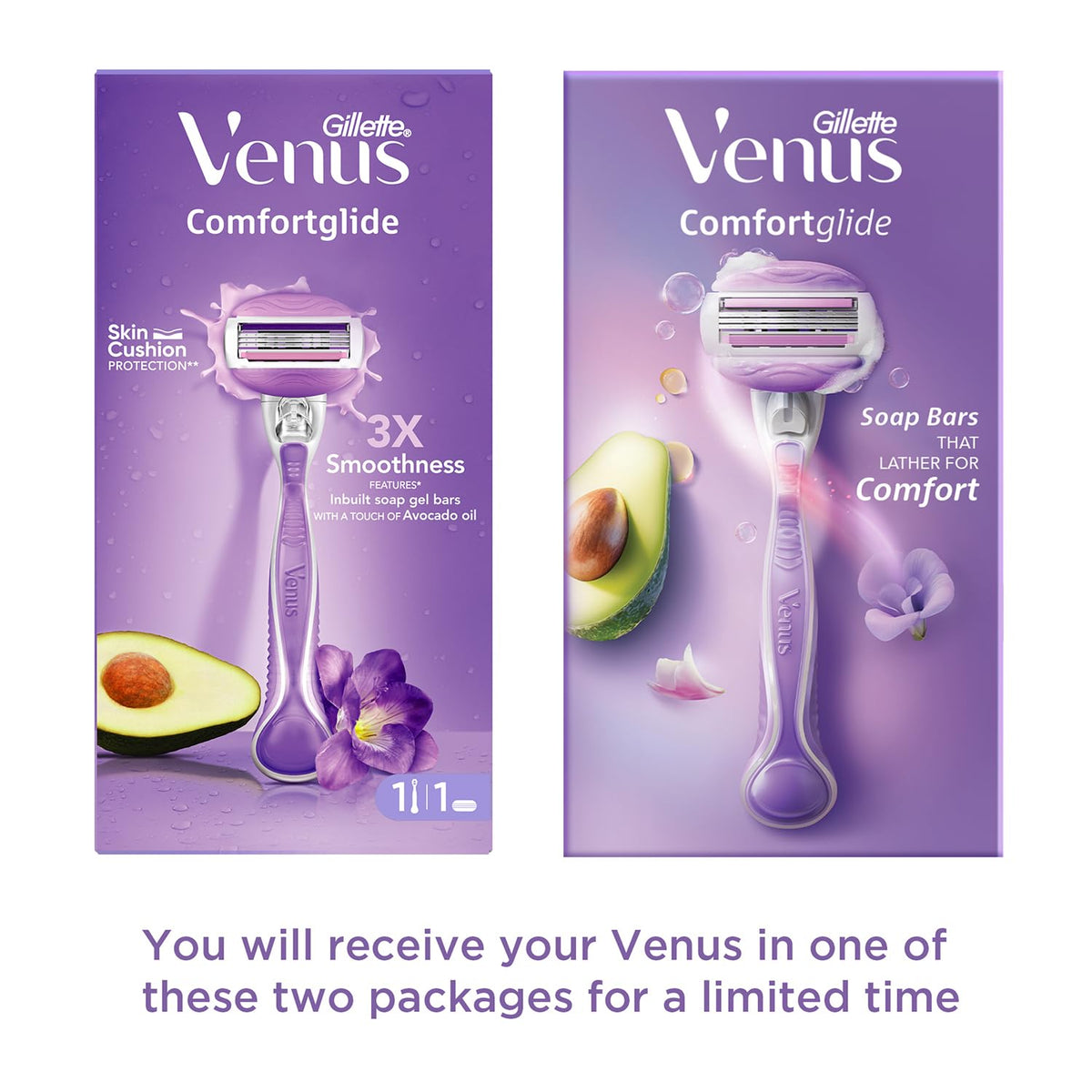 Gillette Venus Comfortglide Hair Removal Razor for Women with Avocado Oils & Body Butter, Freesia Scent, 1 Pc Purple,white 1 count (Pack of 1) Venus Breeze Razo
