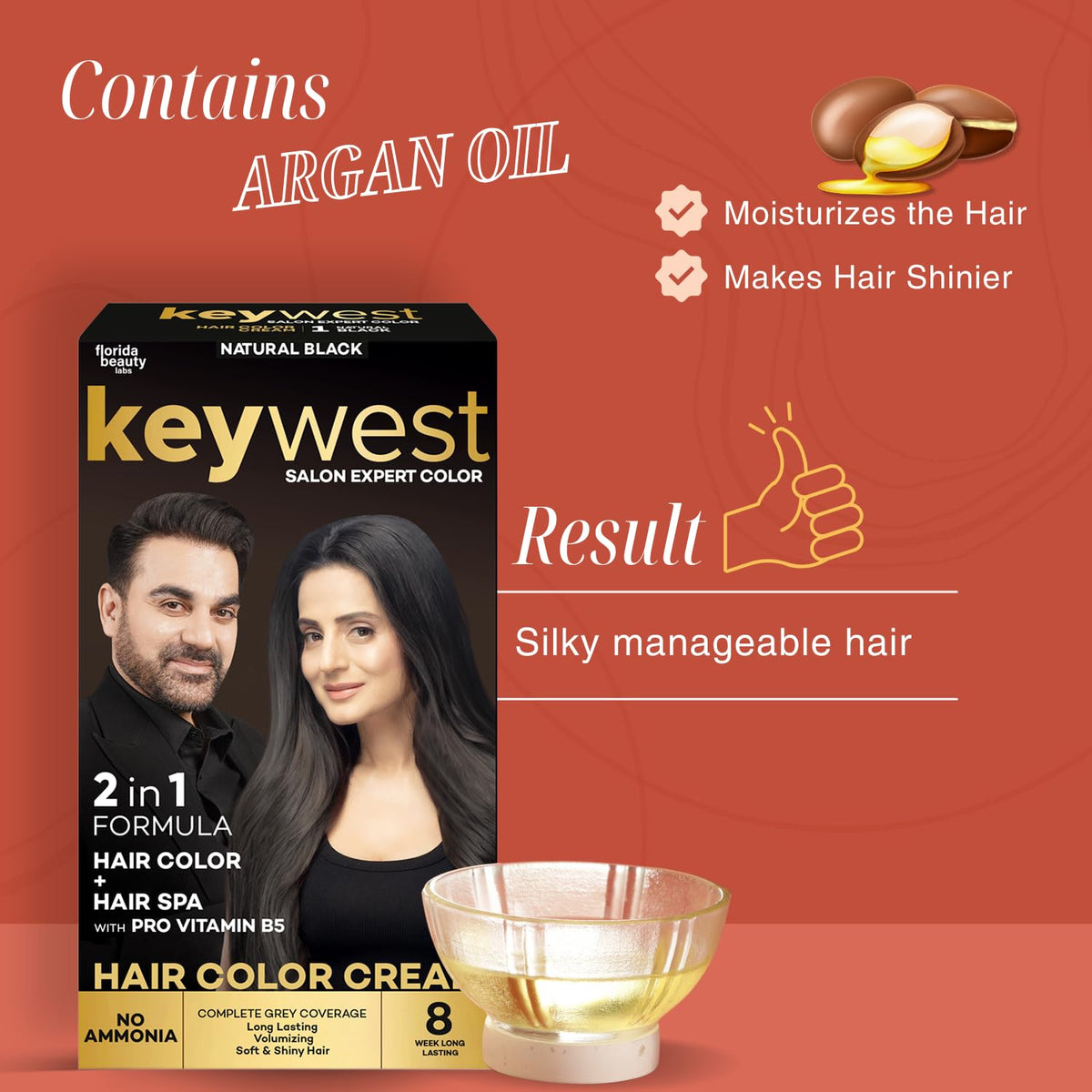 Keywest Crème Hair Colour Natural Black - 130ml (Ammonia Free) | Hair Color Cream | 2in1 Formula Hair Color + Hair Spa with Pro Vitamin B5