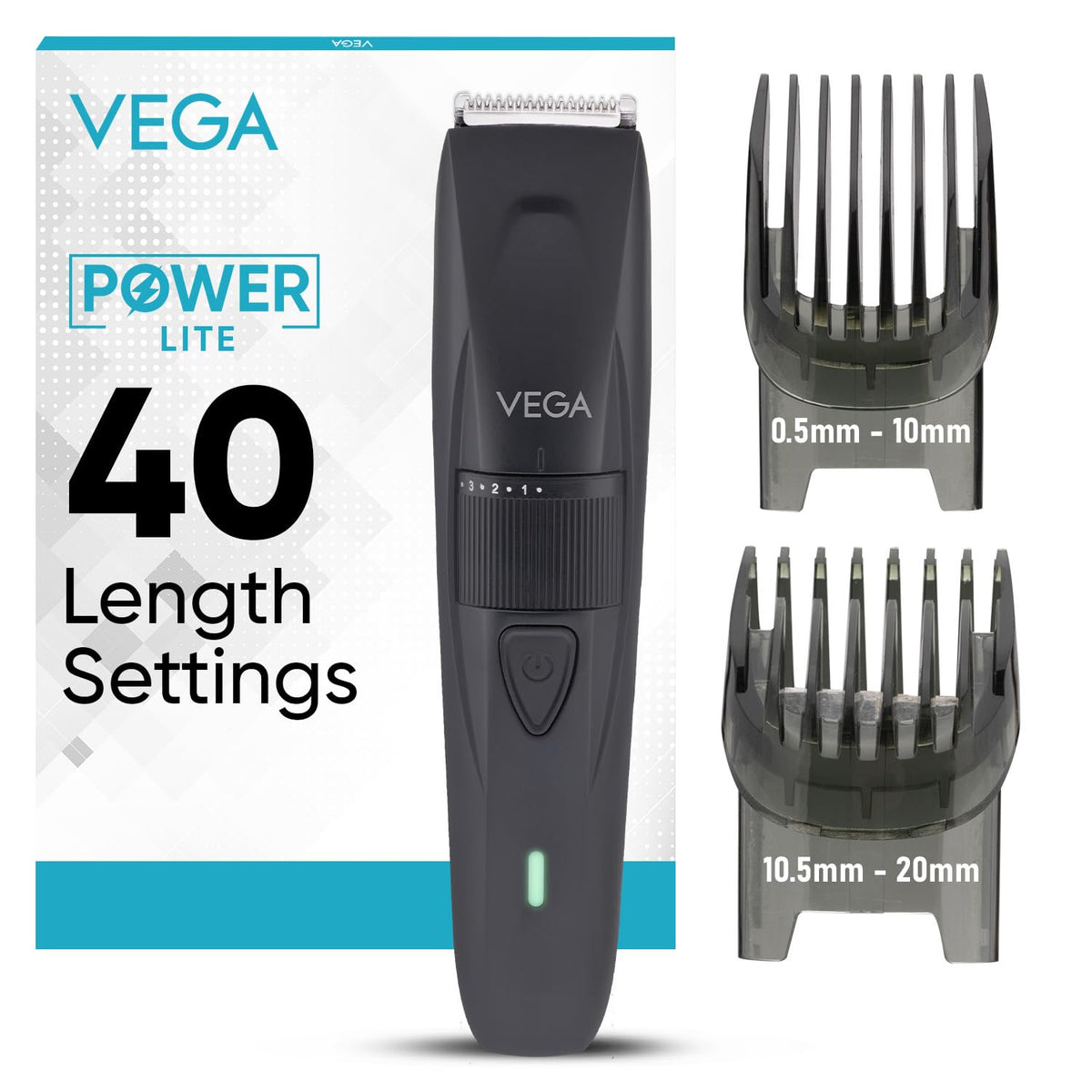 VEGA Power Lite Beard Trimmer for Men with Self-Sharpening Stainless Steel Blades, 40 Length Settings, 90 Min Runtime, 2 Comb Attachment, USB Type-C, Travel Loc