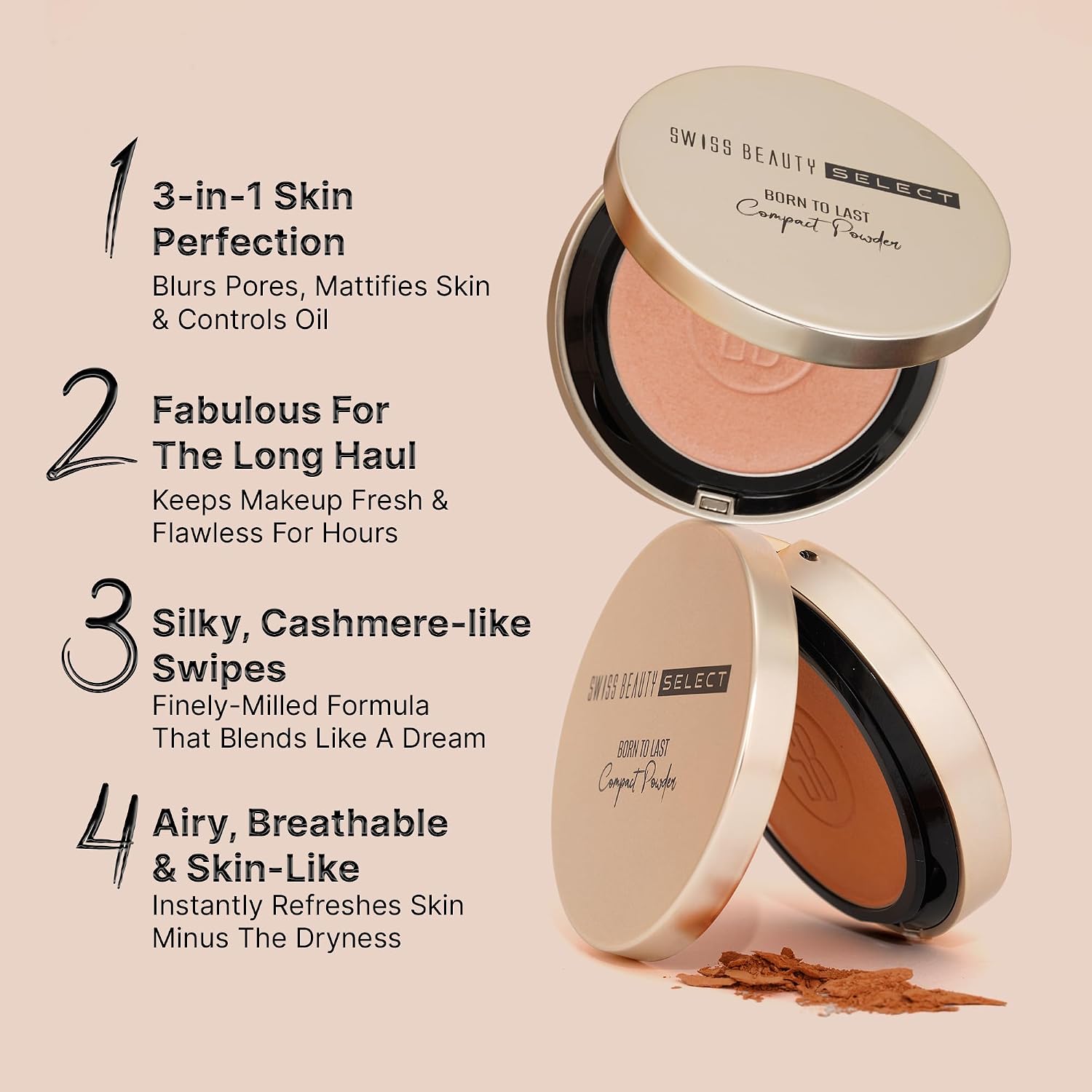 Swiss Beauty Select Born To Last Compact Powder | 3-in-1 Skin Perfection | Oil Control | Blurs Pores | Matte Finish | Fresh Makeup for hours | With Squalane & Vitamin E | 6.5g, Shade- 1. Bare Dawn