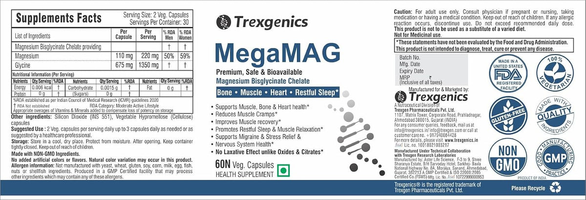Trexgenics MegaMAG 785mg Magnesium Bisglycinate - Most Bioavailable Magnesium for Sleep, Muscle, Bone & Heart Support (60 Veg. Capsules) (Pack of 1) 60 count (P