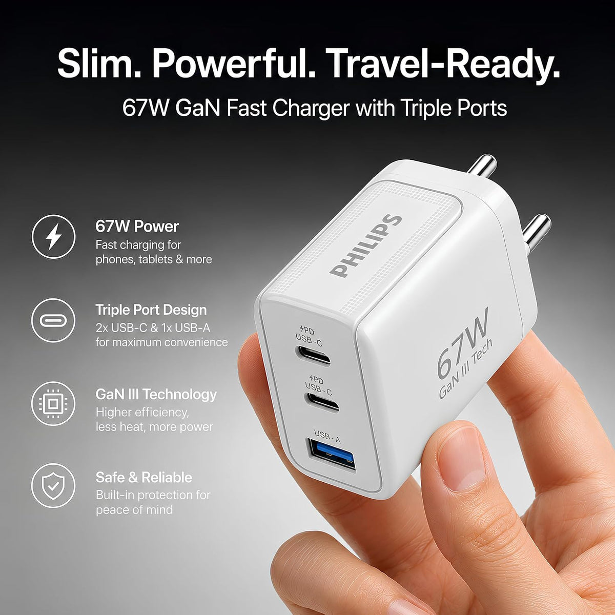 Philips DLP6331CW/94 Gen III Tech 67W Fast Charging Wall Charger (Alba White) | 2 USB-C PD + 1 USB-A | 3-Port Multi-Device Charger for Laptop, Smartphone, Table