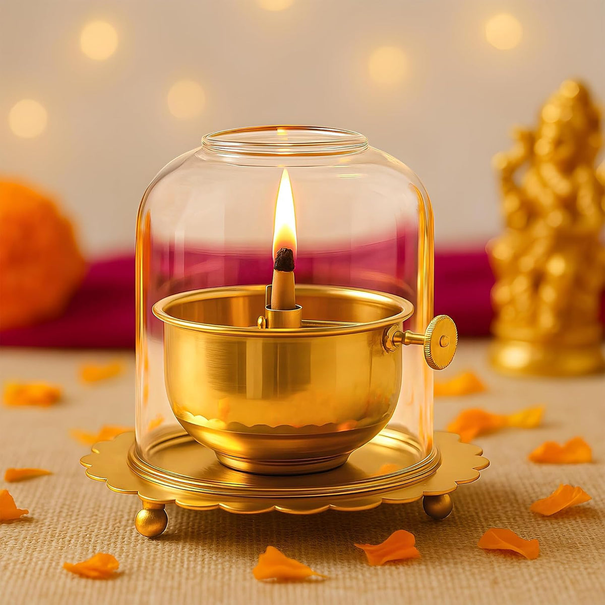 Brass Akhand Diya with Glass Chimney, 7.6 Cm, Adjustable Wick, Small Size Lamp for Pooja and Temple|akhand Diya with Adjustable bati
