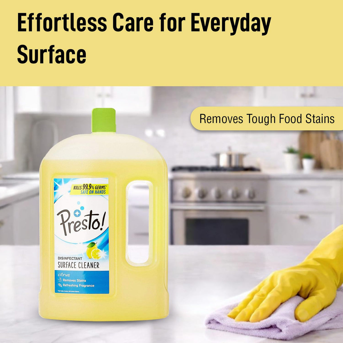 Amazon Brand - Presto! Disinfectant Surface & Floor Cleaner Liquid | Citrus | 2 Litre | 1 Can | Kills 99.9% Germs | Removes Stains | Safe on Hands Floor Cleaner