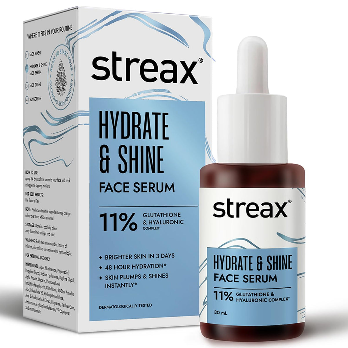 Streax Hydrate & Shine Face Serum, 30ml|11% Hyaluronic Acid|Serum for Glowing Skin |Instant Glow, Deep Hydration & Brightening in 3 Days|Glass Skin Finish|Clini