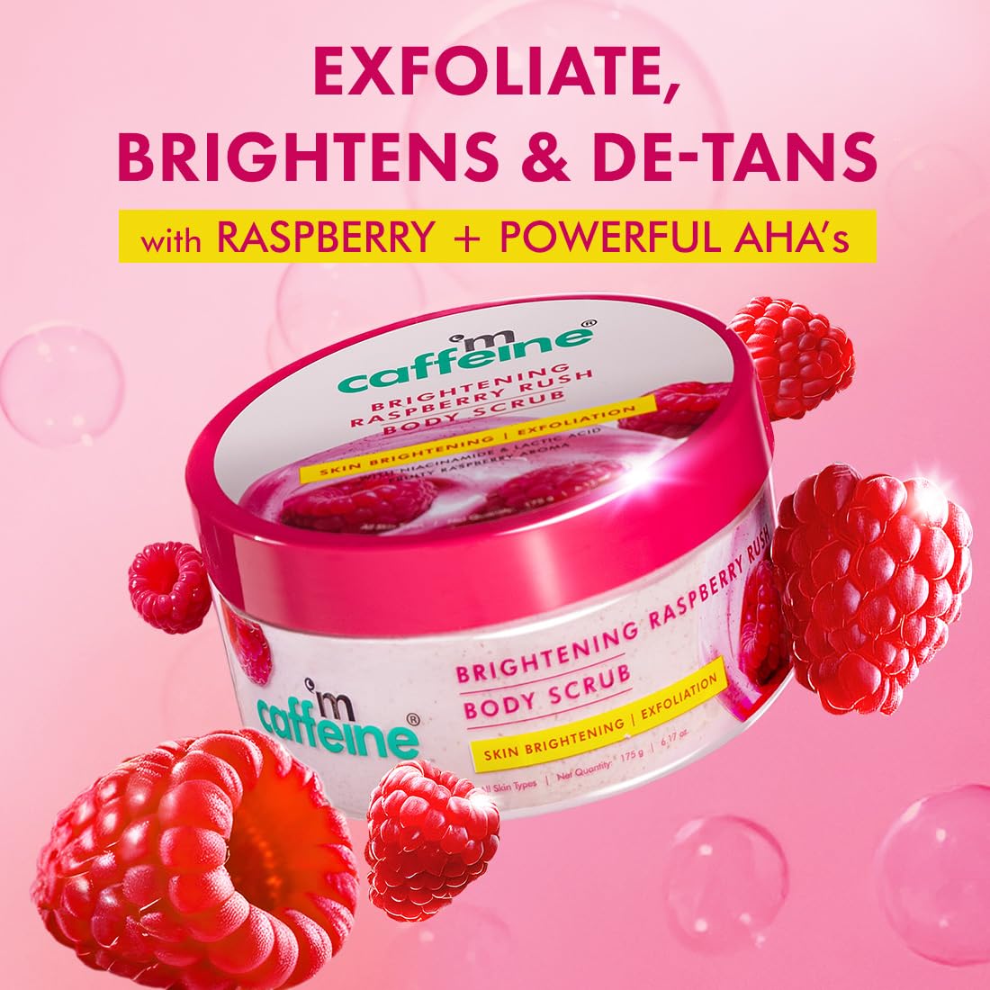 mCaffeine Brightening Raspberry Body Scrub | Tan Removal | AHAs - Lactic & Glycolic Acid, Niacinamide | Vitamin C Rich for Brighter, Soft Skin | Remove Dry, Dea