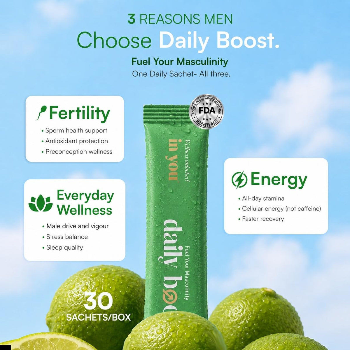 Daily Boost™ in you | 360° Men's Wellness Nutrition | Patented Testofen® + CoQ10 (QONTAN™) + Cordyceps + L-Theanine | Supports Testosterone, Fertility, Sperm He