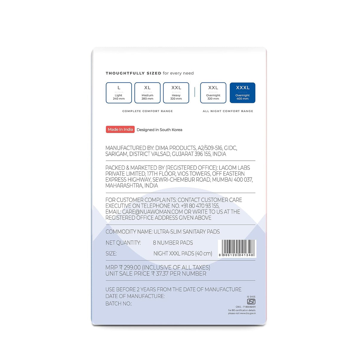Nua All Night Comfort Sanitary Pads | Pack of 8 (XXXL 400mm) | Extra Wide Core | Front to Back Coverage | Upto 12 Hours of Absorption | Super Soft and Breathabl