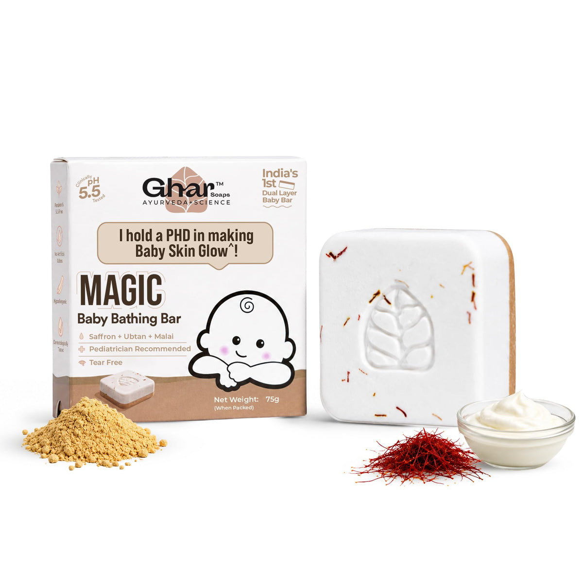 Ghar Soaps Magic Baby Bar | For Glowing Baby skin | With Ubtan + Malai + Kesar | pH 5.5 & dermatalogically tested (75gm x 3 Pack) 75 g (Pack of 3)