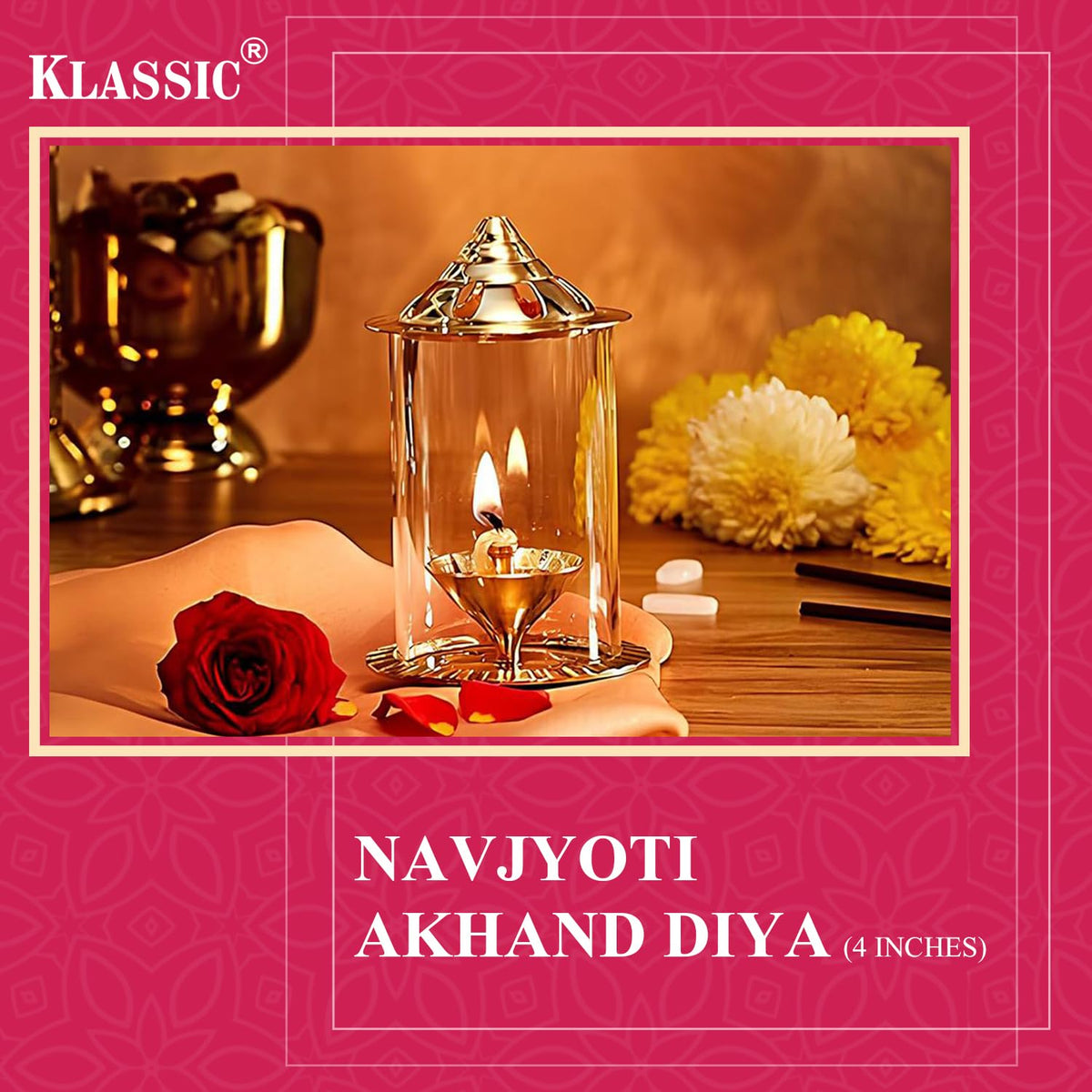 Klassic 4 Inch Navjyoti Akhand Diya with Borosilicate Glass Shade | Pure Brass Oil Lamp for Mandir, Pooja, Daily Prayer, Diwali, Prayer Room, Wick Holder Festiv