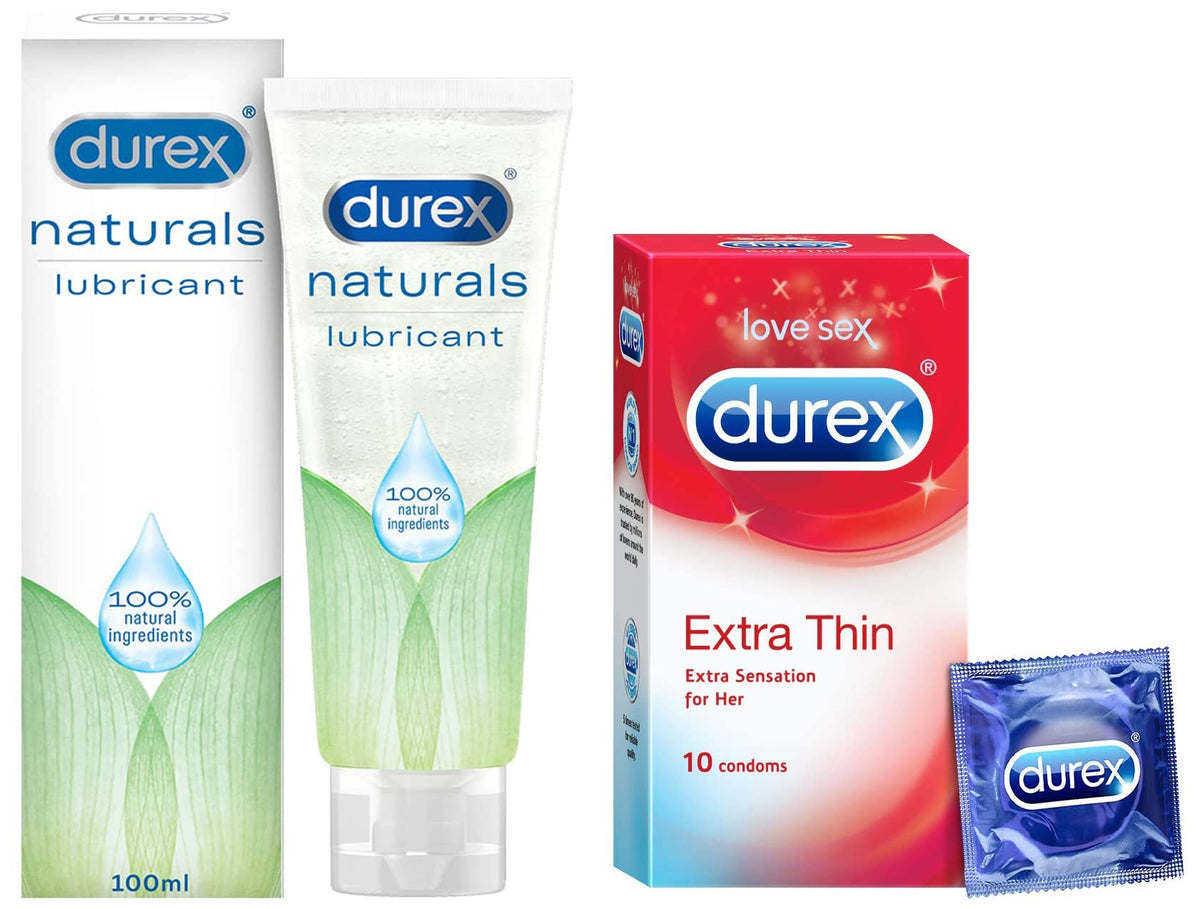 Durex Lube Naturals Intimate Lubricant Gel for men & women - 100 ml & toys, White, 100 ml (Pack of 1) & Durex Extra Thin Condoms for Men - 10 Count Lubricant Ge