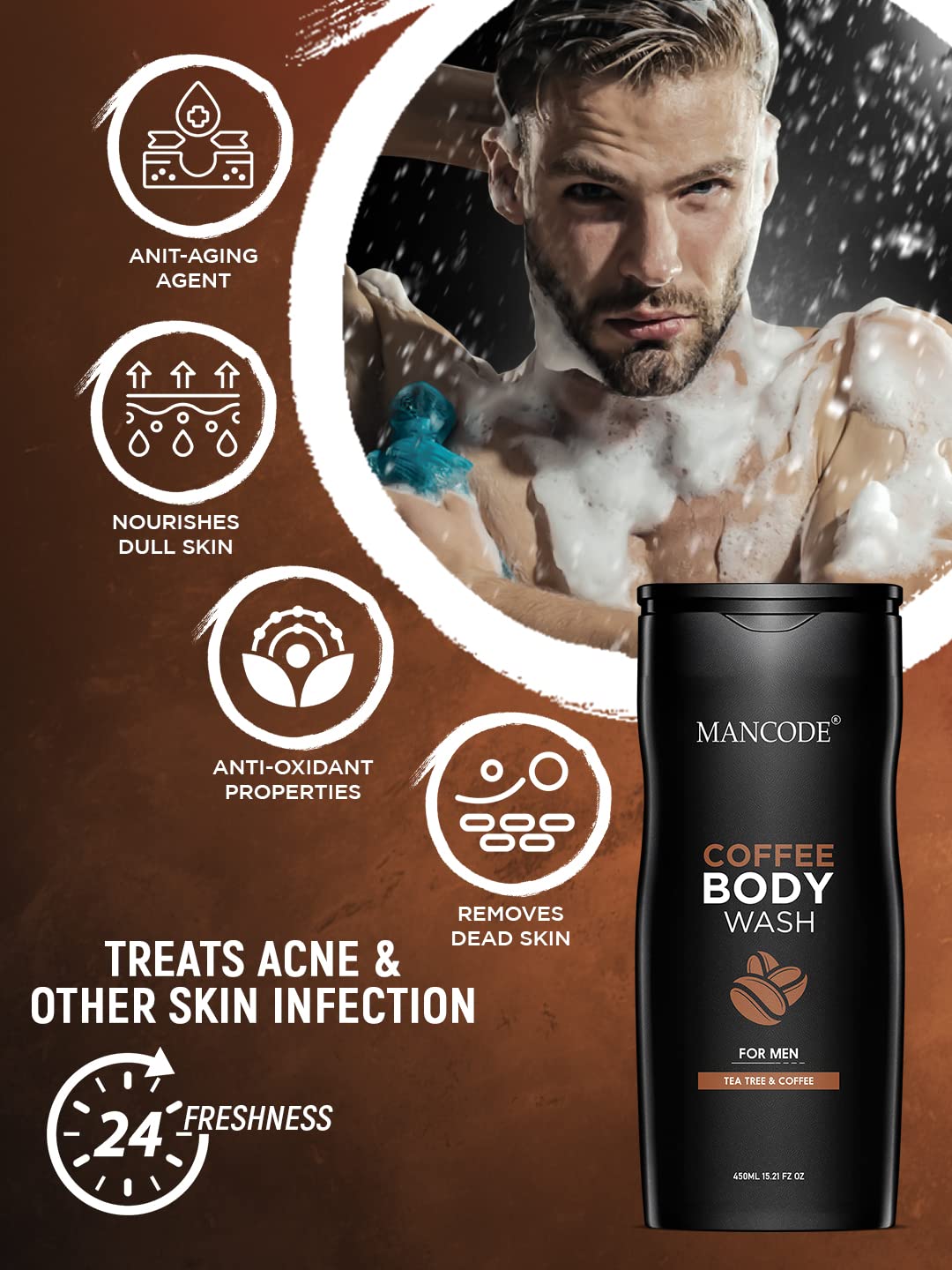 MAN CODE Coffee Body Wash For Men 450Ml | For Body, Face With Coffee And Natural Oils Extract | Oil Control | Odor Protection | 450 Ml Shower Gel For Men (Pack
