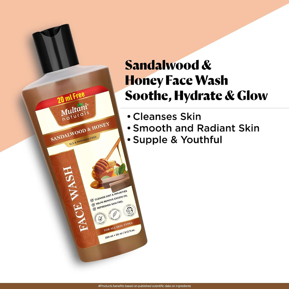 Multani Naturals Sandalwood & Honey Face Wash 270ml I Daily Use Face Wash For Skin Brightening |Oil Control & Anti-Acne | SLS & Paraben Free, Dermatologically T