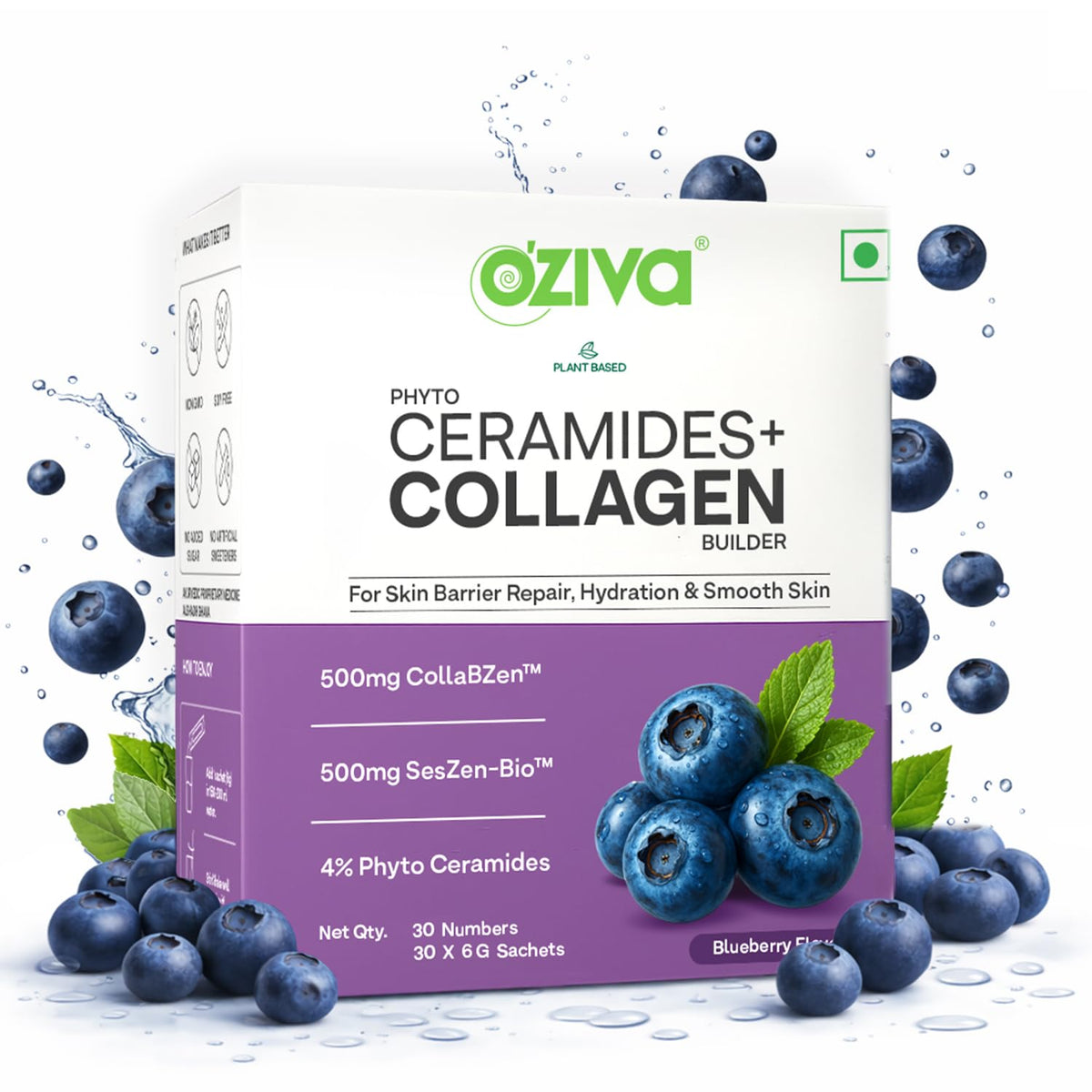 OZiva Phyto Ceramides+ Collagen Builder, Blueberry, 30 Sachets 1 Month Pack - Starter Pack