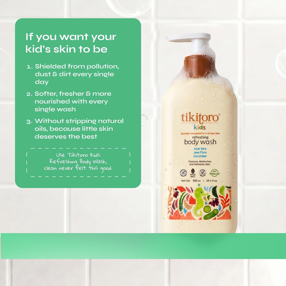 Tikitoro Kids Refreshing Body Wash | Pediatrician Approved | Deeply Cleanses, Hydrates & Refreshes Skin | Cucumber, Java Plum, Vitamin C & Aloe Vera | No Parabe