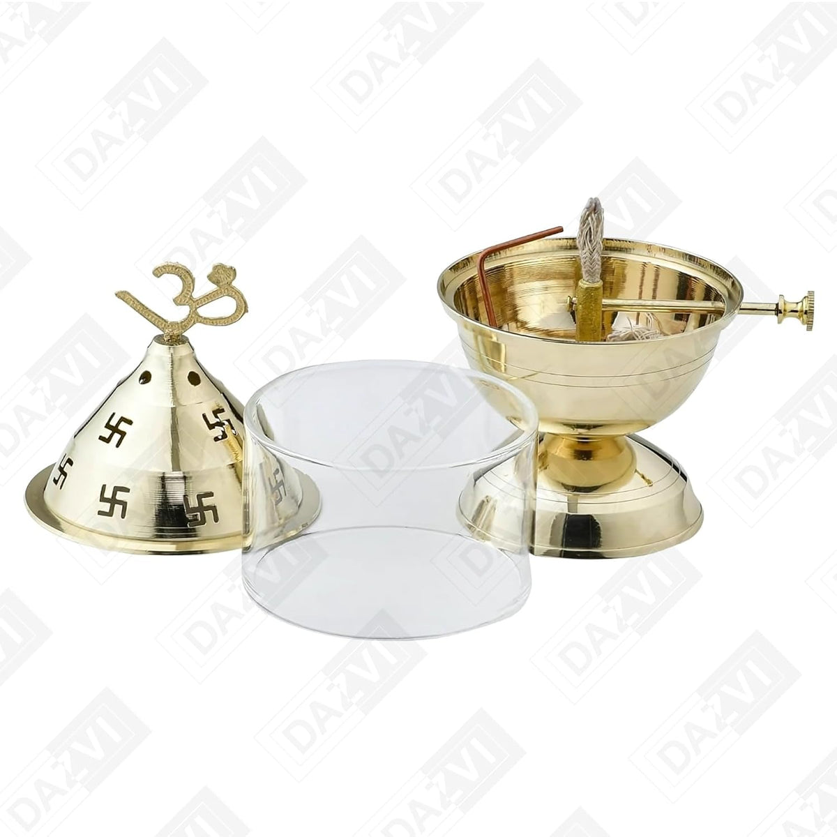 Brass Akhand Jyot Diya with Adjustable Bati Wick Lifting Screw Home Decoration Gifting Joyti Holder Navratri & Borosilicate Glass Cover Diyas Pooja 9 inch 100 m