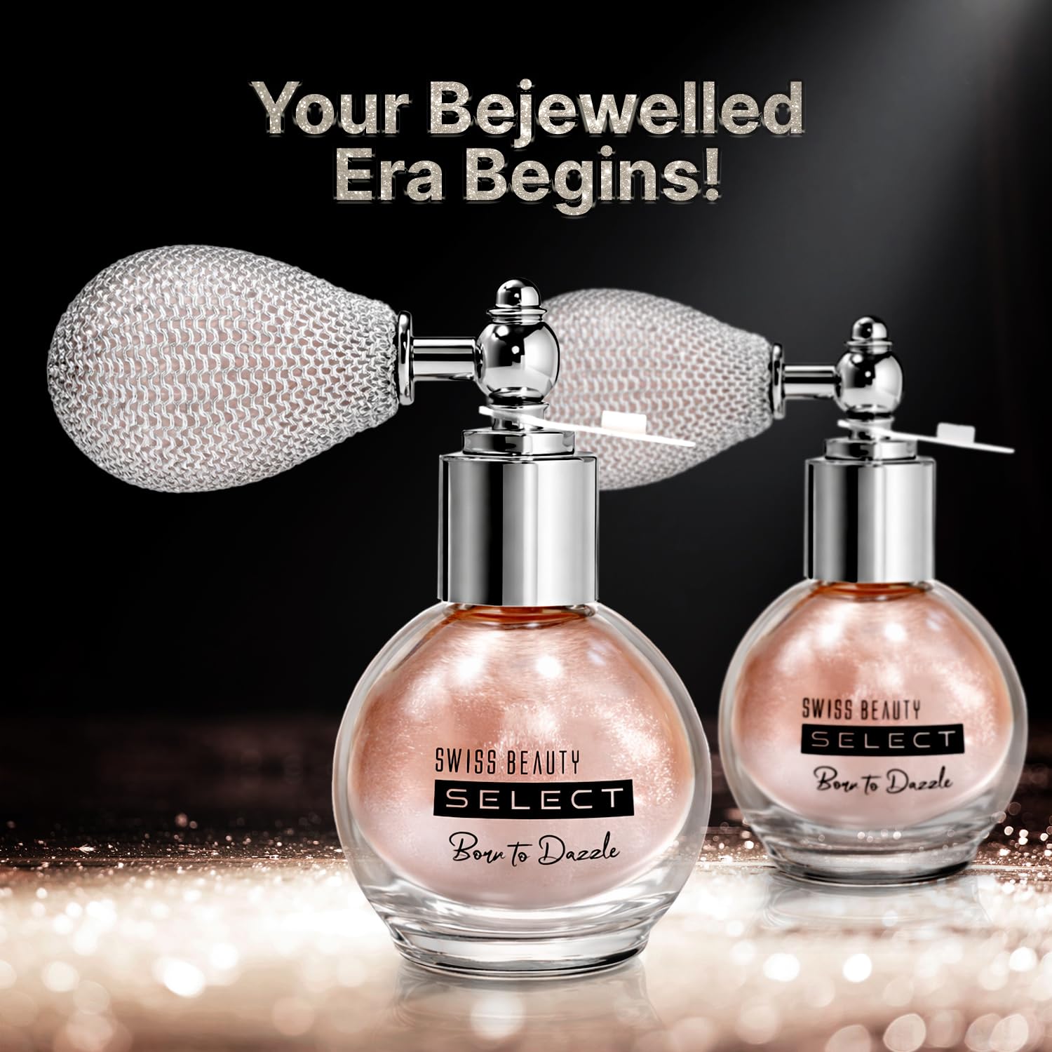Swiss Beauty Select Born To Dazzle Glitter Spray | Pearlescent Particles | Multidimensional Shine | High-Impact Glow | Lightweight & Blendable | Gentle On The Skin | For Body & Hair | Shade- Hollywood Glam, 5gm