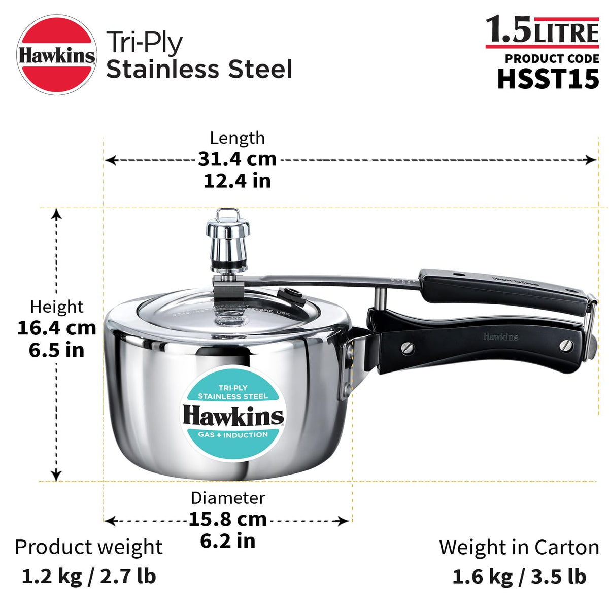 Hawkins 1.5 Litre Triply Stainless Steel Pressure Cooker, Inner Lid Induction Baby Cooker, Silver (HSST15) 1.5 Litres