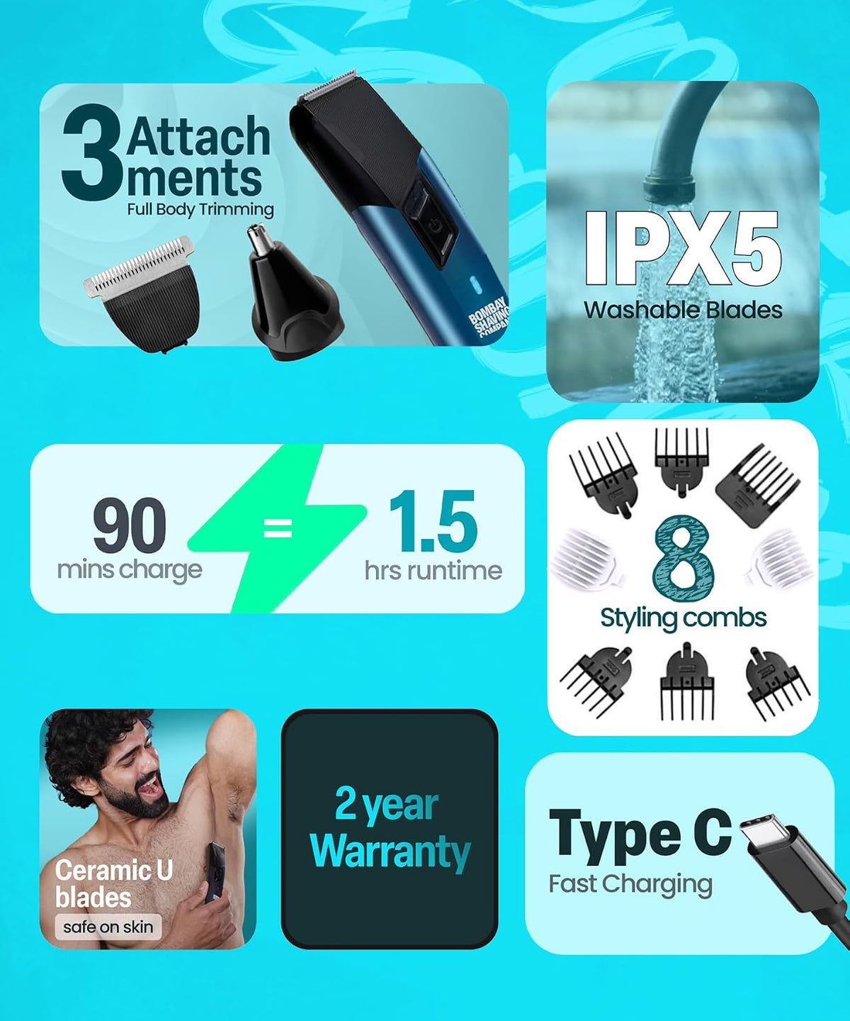 Bombay Shaving Company 11 in 1 | Trimmer for Men All in One | Beard Trimmer for Man | Hair Trimmer for Man | Nose Trimmer for Man | Body Trimmer for Man | Type