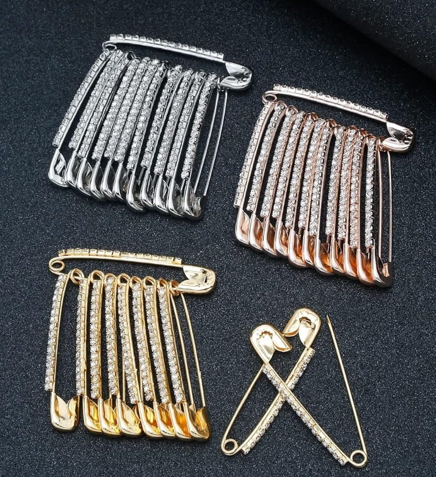 VAMA 36pcs Rhinestone Safety Saree Pin Brooches Sweater Shawl Clips Scarf wedding Pleats Pins For Women - 3 Sets Skirts Dress Clothes Lapel Hat Accessories (Bul