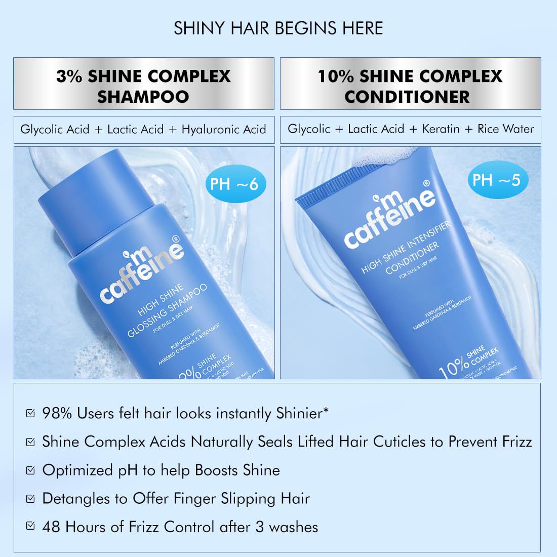 mCaffeine Complete Glossy Hair Routine | Shampoo + Conditioner + Anti-Frizz Perfume Hair Spray | New Shine Complex for Shiny Hair & 48Hr Frizz Control | Long La