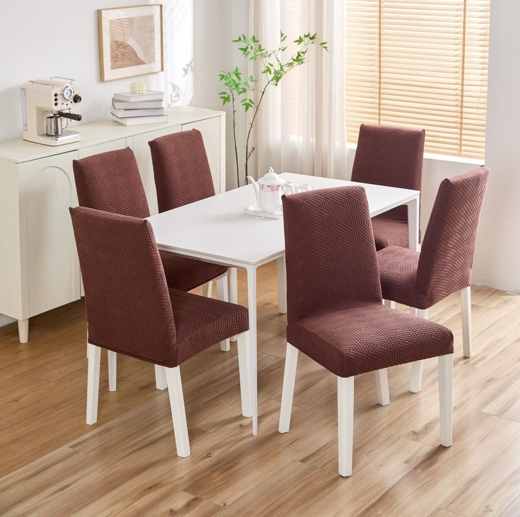 HOMETHREADS Elastic Jacquard Chair Cover Stretch Removable Washable Short Dining Chair Cover Protector Seat (Coffee, Pack of 6) Coffee Pack of 6