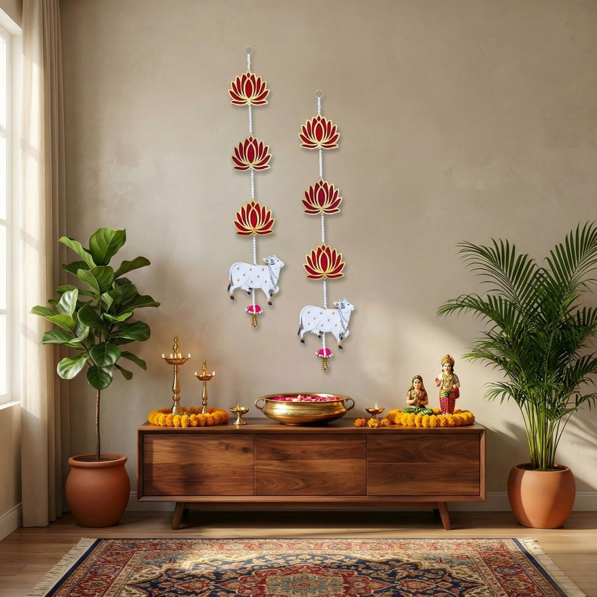 Kalakriti Artificial Blossom Lotus Flowers Garland for Ganpati Diwali Wedding Party Festival Mandir Pooja Room Home Decoration -155 cm/ 5 ft Long, Pack of 4 (Lo