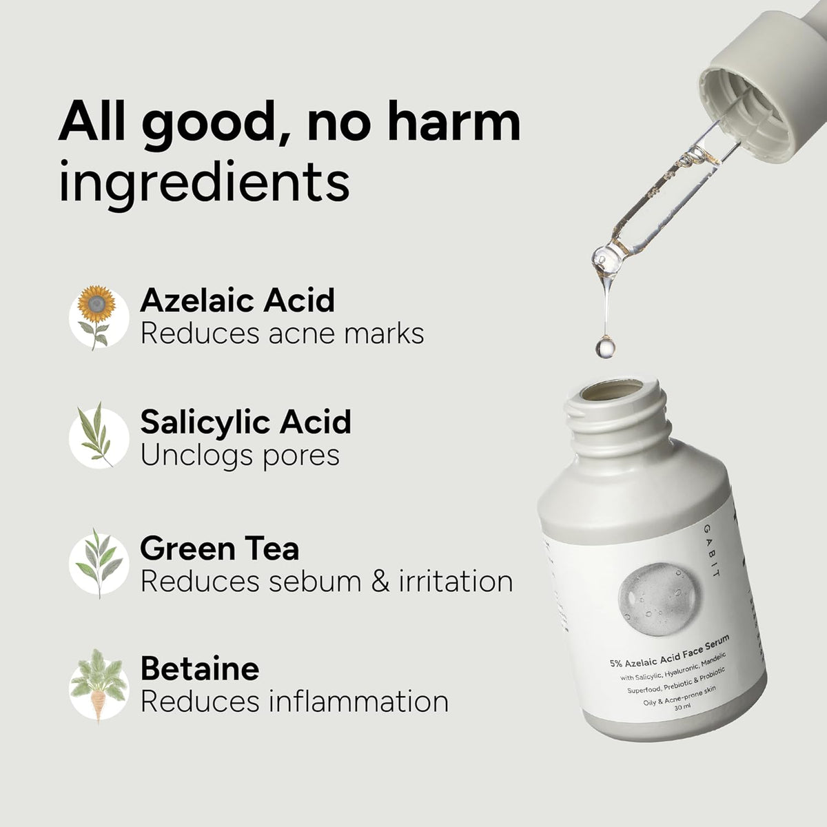 Gabit 5% Azelaic Acid Face Serum For Acne,Blackheads,Open Pores & Spots|Salicylic (1%),Hyaluronic,Green Tea,Prebiotic,Probiotic|For Oily,Acne Prone Skin|Oil & F