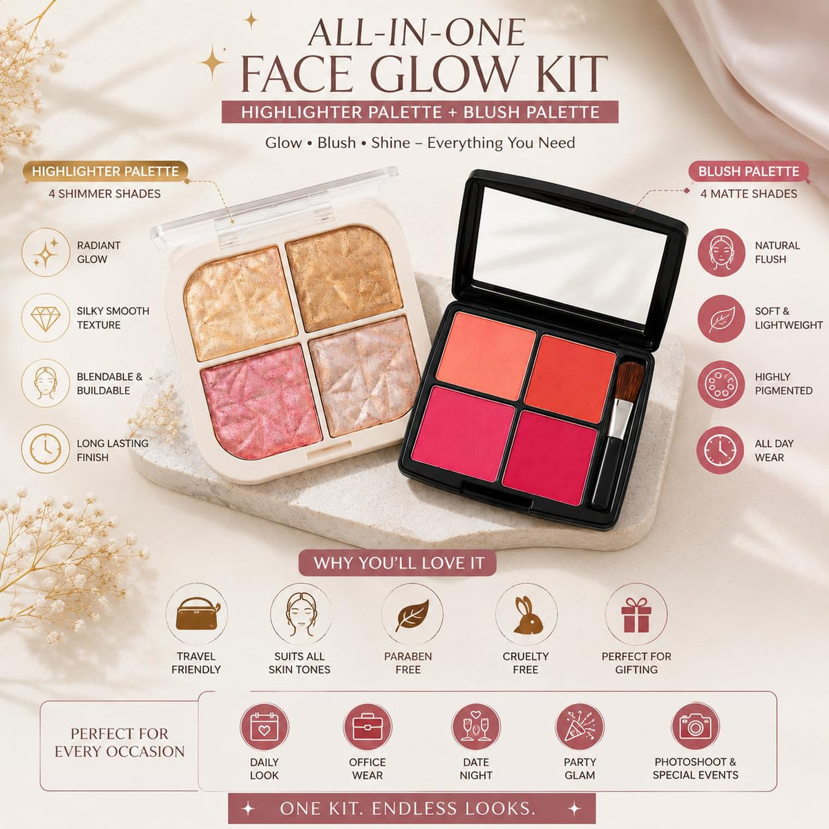 Highlighter Makeup Palette 4 Shades, Face Highlighter & Blush Palette