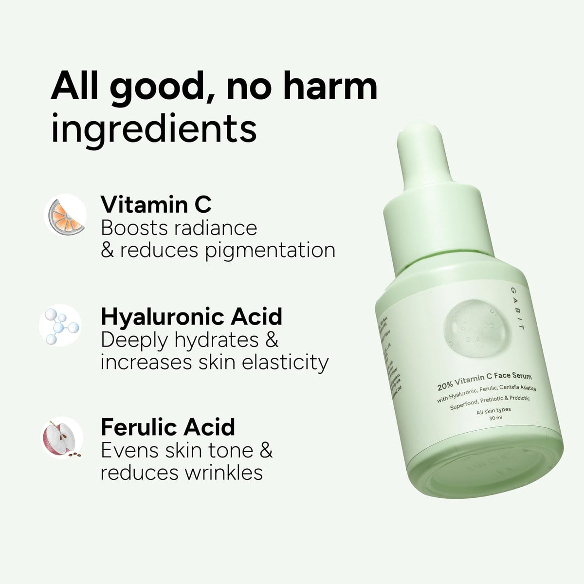 Gabit 20% Vitamin C Face Serum for Glowing Skin | Brightening Serum for Dark Spots, Dull Skin, Tanned Skin | Improves Wrinkles | Hyaluronic, Ferulic, CiCa, Preb