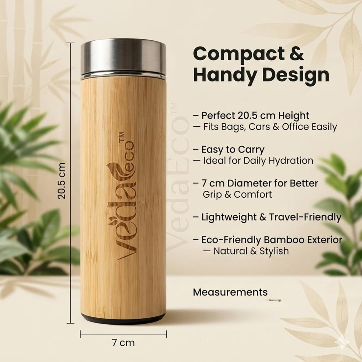 Bamboo Water Bottle with Stainless Steel Interior, 450ml