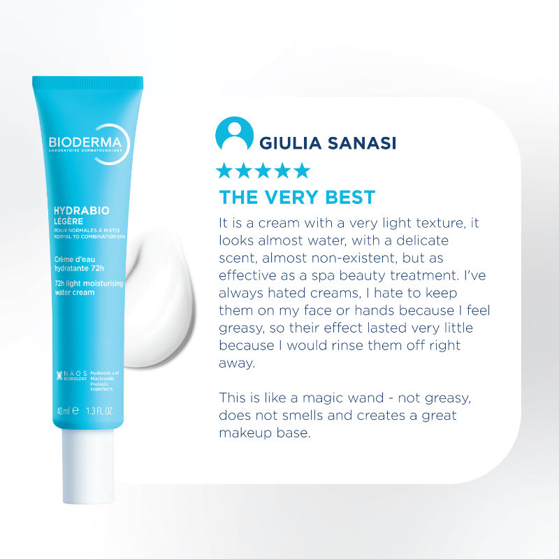 Bioderma Hydrabio Légère 72H Light Moisturising Water Cream Hyaluronic Acid + Niacinamide Day Cream (40ml)