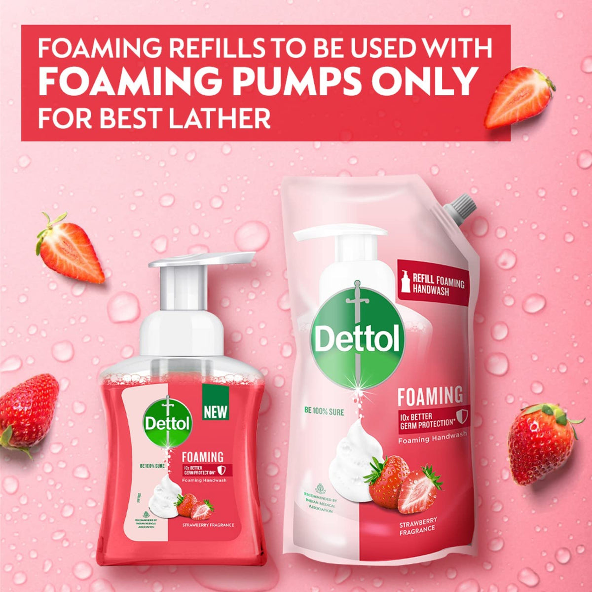 Dettol Foaming Handwash Refill - Strawberry, 700ml | Rich Foam | Moisturizing Hand Wash | Soft on Hands (Pack of 2)