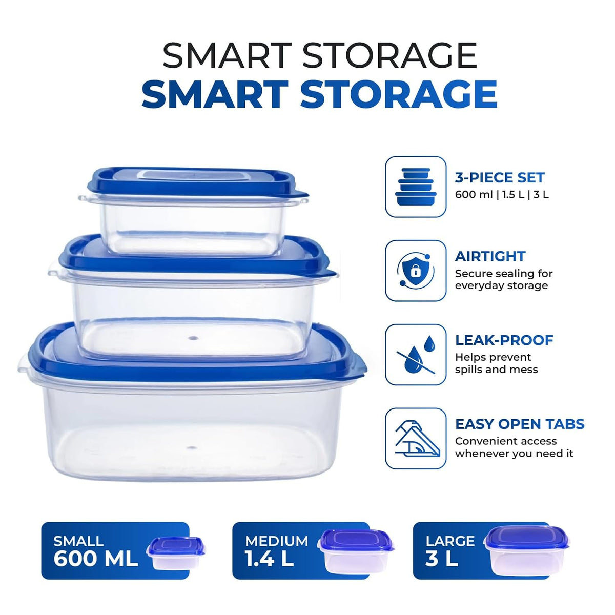 Java Airtight Leak Proof Food Storage Containers, Set of 3-600ml, 1.4L 3L