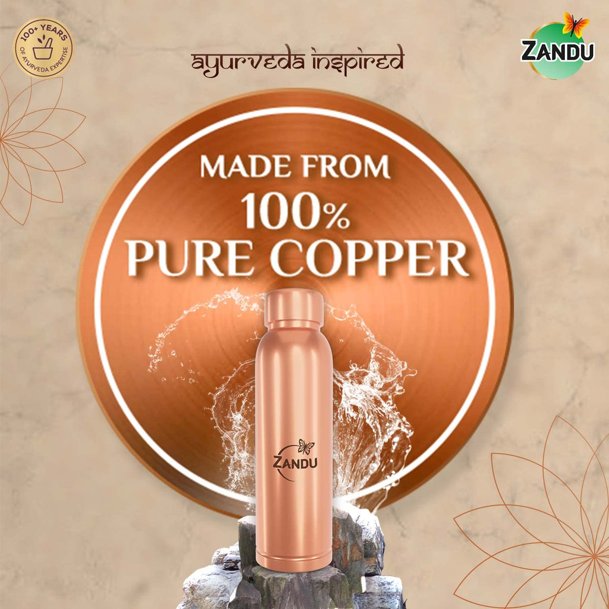 Zandu Copper Bottle (950ml): 100% Pure BPA-Free Water Bottle | Copper-Infused Water | Leak Proof | Office Use | Boosts Immunity | Supports Digestive & Liver Hea