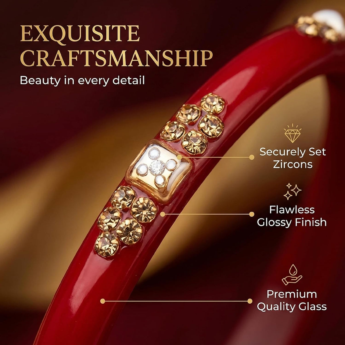 Glass with Zircon Gemstone & Beads Studded worked Glossy Finished Kada Set For Women and Girls | Set of 8 Red 2.6 Inches