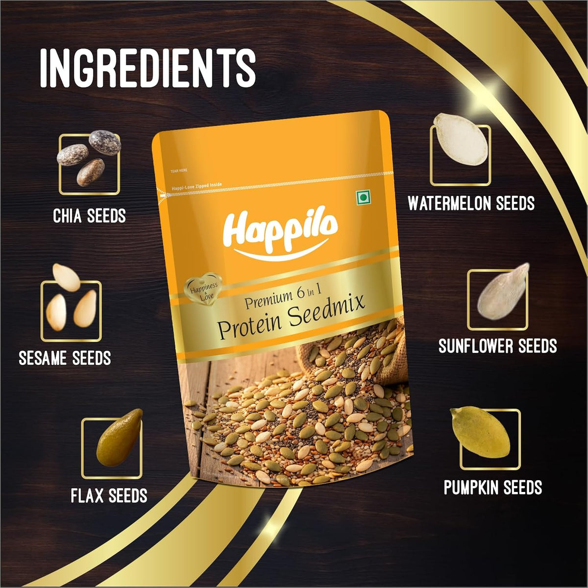 Happilo Premium 6 in 1 Super Seeds Mix 250g, Chia, Roasted Pumpkin, Sunflower, Flax, Watermelon, Sesame, Diet Snacks, Super Healthy Food, 27% Protein 250 g (Pac
