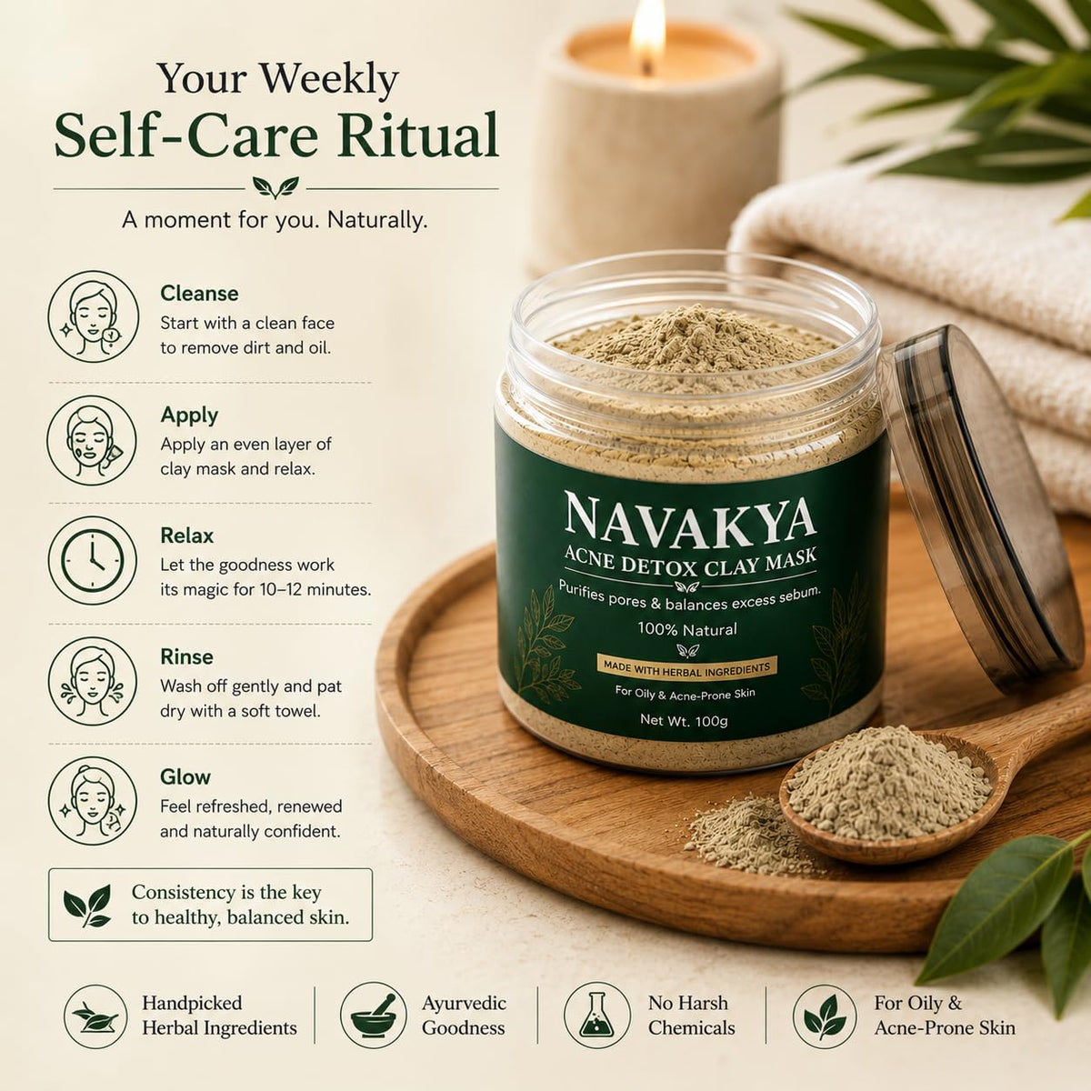 Herbal Acne Detox Clay Mask for Oily & Acne-Prone Skin | Multani Mitti, Neem & Tulsi Face Pack for Oil Control & Deep Cleansing | Natural Powder Face Pack 100g