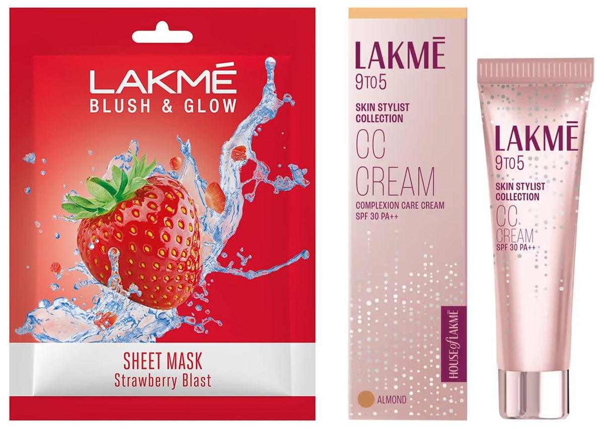 LAKMÉ 9 To 5 Complexion Care Cream, Medium, Radiant, Natural, Luminous, Dry| Bronze 9 G & LAKMÉ Blush & Glow Strawberry Sheet Mask, 25 Ml